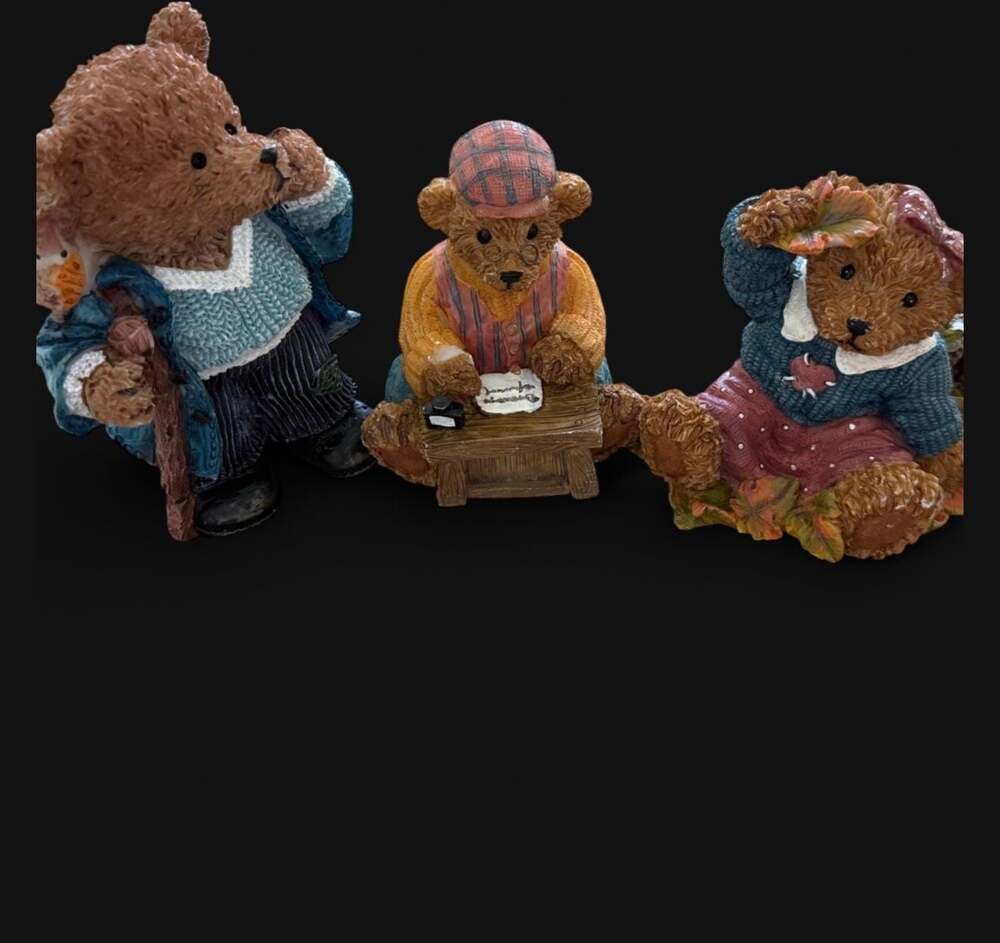 Set of 3 Vintage Resin Bear Figurines Including Hiking Bear, Writing Bear, and A